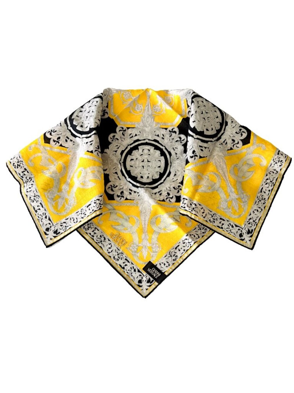 NWT Gianni Versace 100% Cotton Baroque Scarf Yellow Black Silver 20.5" Italy